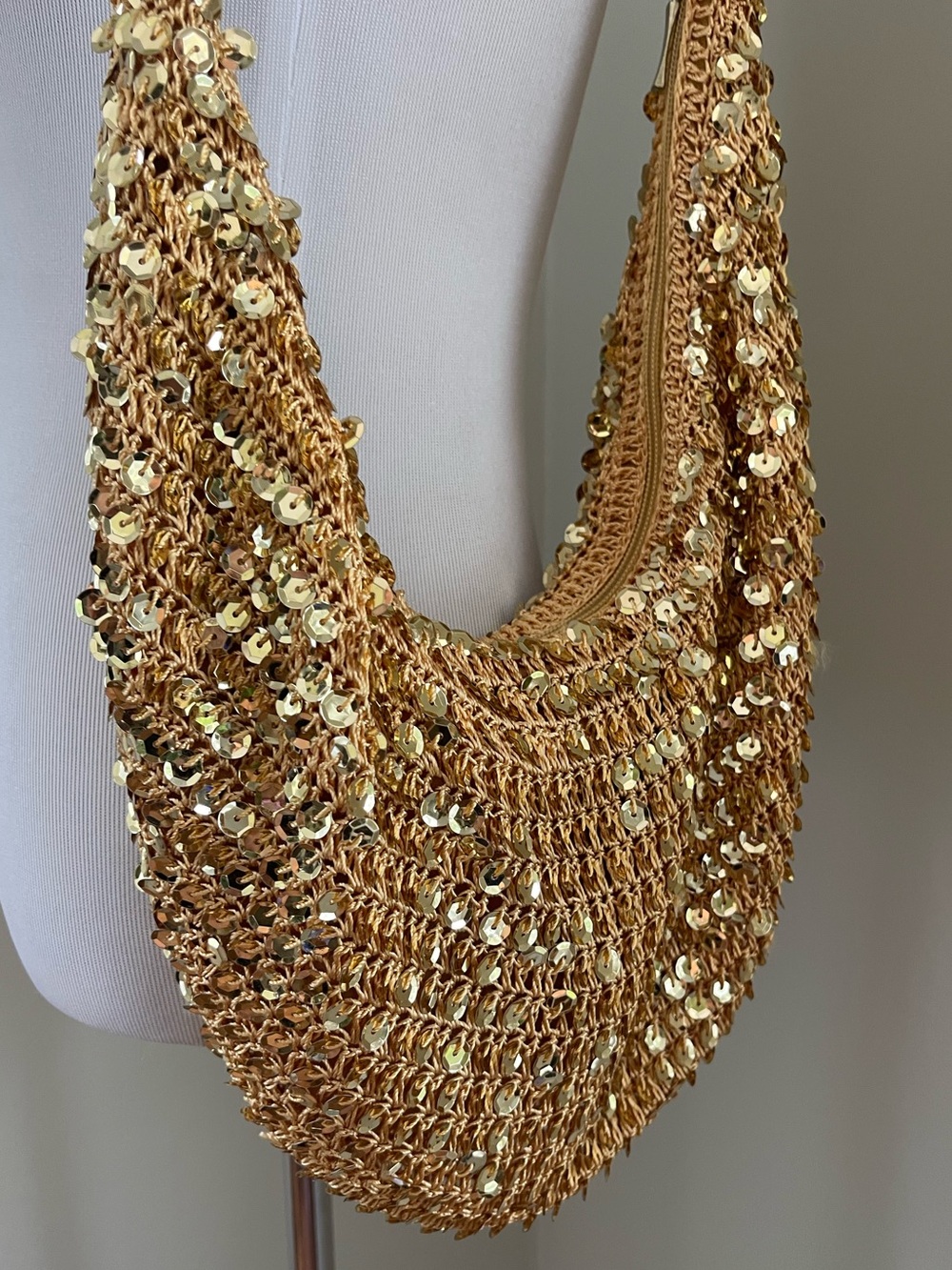 Fashion Express Gold Sequin Crochet Hobo Shoulder Bag Y2K - Picture 2 of 16
